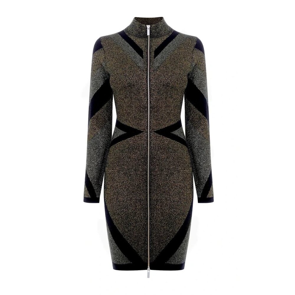 Karen Millen Metallic Bandage Knit Bodycon Dress Front Zip Gold Black UK S 4-6 - Picture 1 of 16
